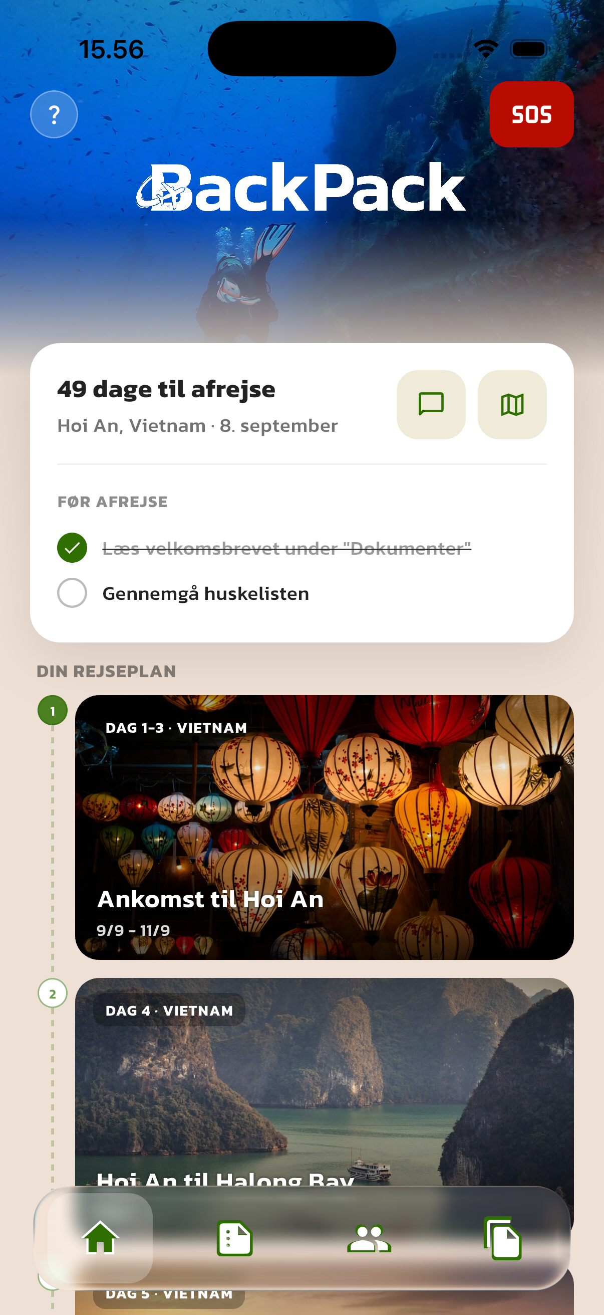 BackPack appens rejseoversigt med timeline og dage rejst